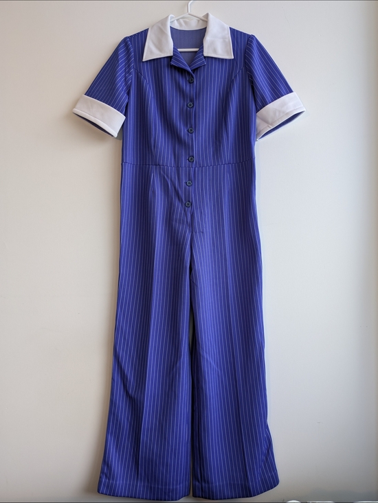 Vintage Pants - Vintage 70s Pinstripe Button-Front Jumpsuit in Blue with White Trim